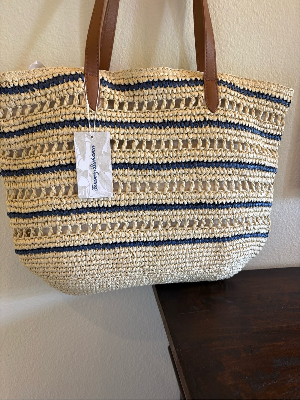 Tommy Bahama Cream & Navy Woven Straw Tote with Brown Handles